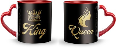 Youth Style "King Queen" Printed Red Heart Shape Handle Coffee and Tea Ceramic- 11Oz Gift for Birthday , anniversary Couple, Friends, Lover, beutyfull set of 2 Ceramic Coffee (330 ml, Pack of 2) Ceramic Coffee Mug(330 ml, Pack of 2)