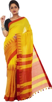 Avik Creations Printed, Self Design, Paisley, Hand Painted, Temple Border, Embroidered, Striped, Embellished Hand Batik Handloom Cotton Blend, Pure Cotton Saree(Red, Yellow)