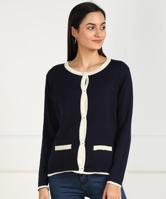 KILLER Solid Round Neck Casual Women Blue Sweater
