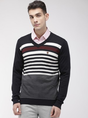 Raymond Woven V Neck Casual Men White, Dark Blue Sweater