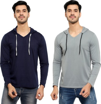 Bribzy Solid Men Hooded Neck Dark Blue, Grey T-Shirt