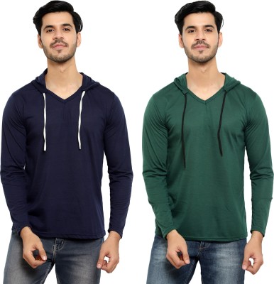 Bribzy Solid Men Hooded Neck Dark Blue, Dark Green T-Shirt