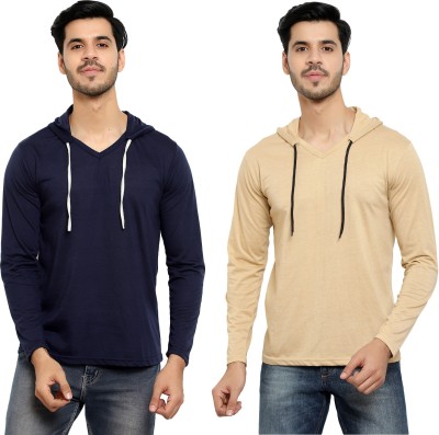 Bribzy Solid Men Hooded Neck Dark Blue, Beige T-Shirt