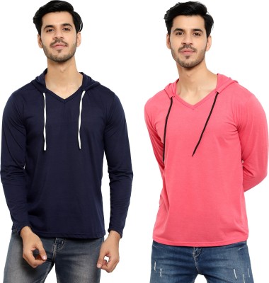 Bribzy Solid Men Hooded Neck Dark Blue, Pink T-Shirt