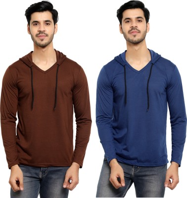 Bribzy Solid Men Hooded Neck Dark Blue, Brown T-Shirt