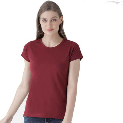 BRATMA Solid Women Round Neck Maroon T-Shirt