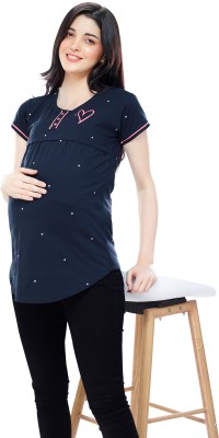 ZEYO Casual Short Sleeve Printed Women Blue Top