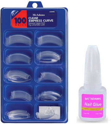 McAdams Premium Quality Transparent Artificial Nails with Instant Dry Brush on Nail Glue Transparent(Pack of 100)