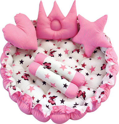 LOREM Cotton Baby Bed Sized Bedding Set(Pink, 1 Round Bed, 2 Rolling Pillows & 3 Designer Pillows)