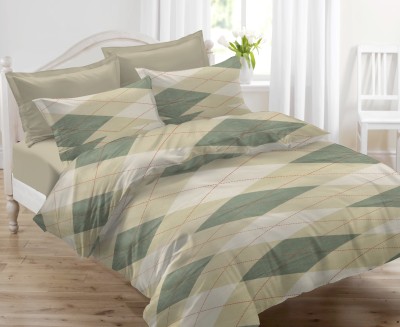 Huesland 144 TC Cotton King Geometric Flat Bedsheet(Pack of 3, Beige & Green)