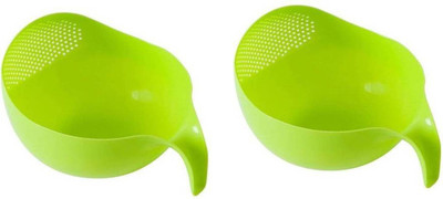 glanz Plastic Multipurpose Rice Vagetable Pasta Noodles Wash Bowl With Handle Colander (Pack Of 2) Colander(Green Pack of 2)