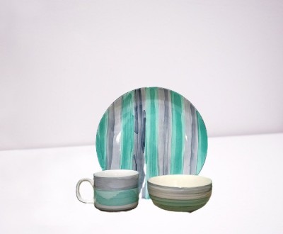 caffeine Pack of 3 Ceramic Handmade Sea Green & Grey Breakfast Set Dinner Set(Green, Microwave Safe)
