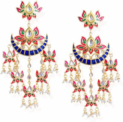 I Jewels Gold Plated Chandbali Kundan Pearl with Meenakari Dangle Jewellery Earring for Women Alloy Drops & Danglers