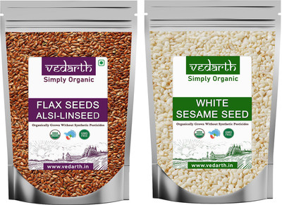 Vedarth Organic Combo of Flax Seed and White Sesame Seed (100 Gram Each Pack) Sesame Seeds, Brown Flax Seeds(2 x 100 g)