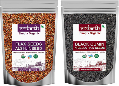 Vedarth Organic Combo of Flax Seed and Nigella/Kalonjee Seed (100 Gram Each Pack) Brown Flax Seeds, Black Cumin Seeds(2 x 100 g)