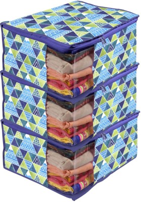 PrettyKrafts Saree Cover Large with Creative Prints, Saree Storage Bag with Zip, Wardrobe Organiser Clothes Cover & Storage, Trio Blue, Set of 3 pcs F1284_DL_TrioMulti_3(Multicolor)