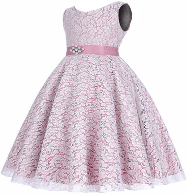 MINSA Girls Midi/Knee Length Casual Dress(Pink, Sleeveless)