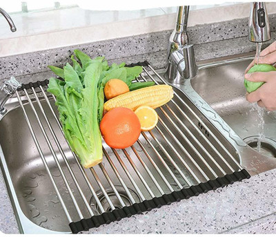 Lariox Folding Over The Sink Multipurpose Roll Up Dish Drying Rack Silicone Colander Foldable Sink Drainer Tray Collapsible Strainer(Silver Pack of 1)