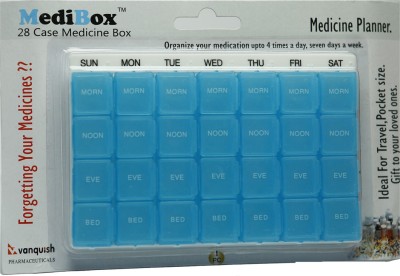 MediBox 28 Case, Pill Organizer Box with 28 Compartments with Day and Time ( Pack of 10 )_ Medicine Dispenser