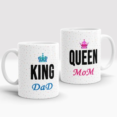 Gift Arcadia King Dad & Queen Mom Printed CoffeeMug | Best Gift for Mom and Dad, Gift for Parents, (A298) Ceramic Coffee Mug(330 ml, Pack of 2)