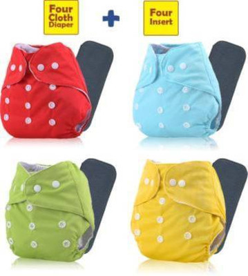 GROOT Washable Reusable Adjustable Cloth Diaper Nappy For New Born (4Diaper+4Insert Black)