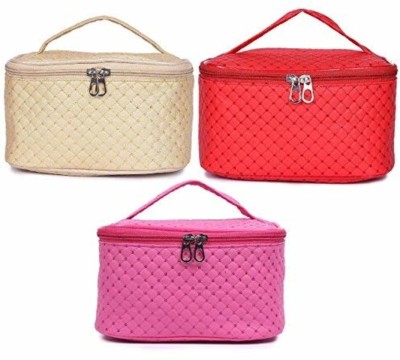 DRISHTI PERFECTION Pu Leather Pink, Red and Golden Cosmetic Bag for Women- Set of 3 Cosmetic Bag(Pack of 3)