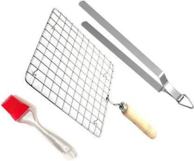 SUPREETI Stainless Steel Roaster Tandoor Paneer Roti Roaster Net Jali Papad Jali Barbecue Grill with Wooden Handle,stainsteel Chimta and butte brush 10 inch (Square set of 3) 1 kg Roaster(Silver)