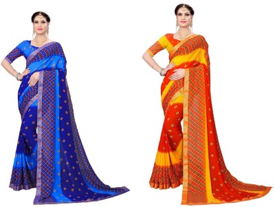 Kanooda Prints Printed Bollywood Georgette Saree(Pack of 2, Red, Blue, Orange)