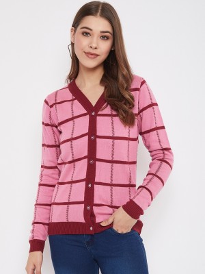 JUMP USA Checkered V Neck Casual Women Pink Sweater