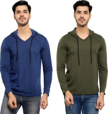 Bribzy Solid Men Hooded Neck Dark Blue, Dark Green T-Shirt