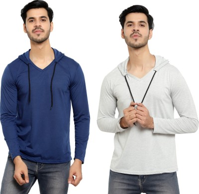 Bribzy Solid Men Hooded Neck Dark Blue, Grey T-Shirt