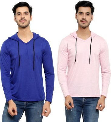 Bribzy Solid Men Hooded Neck Blue, Pink T-Shirt