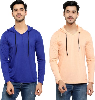 Bribzy Solid Men Hooded Neck Blue, Beige T-Shirt