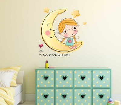 WALLSTICK 45 cm Cute Girl and Moon Decorative wallsticker for Girls and Baby room Self Adhesive Sticker(Pack of 1)
