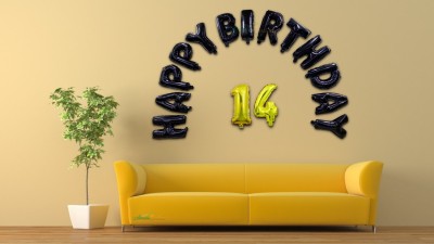 Almoda Creations Solid Happy 14 Birthday Banner Foil Letters (Happy Birthday in Black & Numbers in Gold)-Happy Birthday 14 Letter Balloon(Black, Gold, Pack of 15)