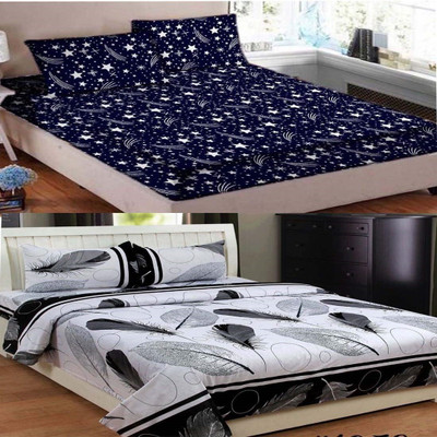 Unique style trader 200 TC Cotton Queen Printed Flat Bedsheet(Pack of 2, Black, White, Grey)
