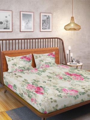 Huesland 144 TC Cotton King Floral Flat Bedsheet(Pack of 1, Beige, Pink, Green)