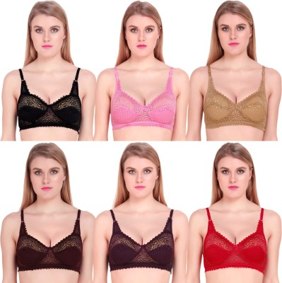 Mokita Pack Of 6 Multi Coloured Lace Floral Design Non-Wired Non-Padded Full Coverage Everyday Bra Women Full Coverage Non Padded Bra(Black, Pink, Beige, Maroon, Purple, Red)