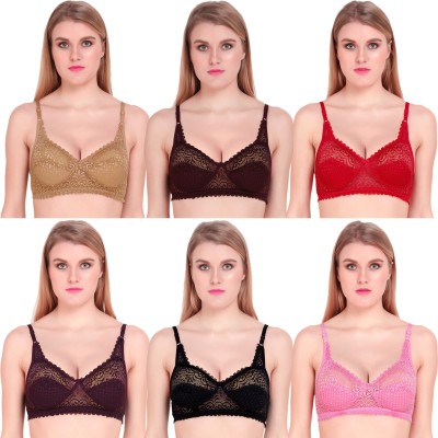 Mokita Pack Of 6 Multi Coloured Lace Floral Design Non-Wired Non-Padded Full Coverage Everyday Bra Women Full Coverage Non Padded Bra(Beige, Maroon, Red, Purple, Black, Pink)