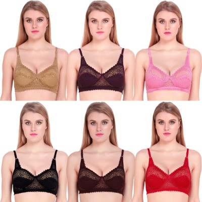 Mokita Pack Of 6 Multi Coloured Lace Floral Design Non-Wired Non-Padded Full Coverage Everyday Bra Women Full Coverage Non Padded Bra(Beige, Purple, Pink, Black, Maroon, Red)