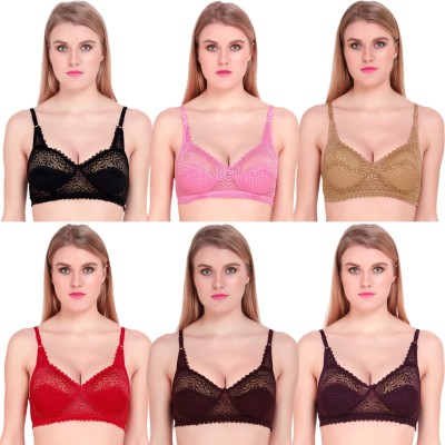 Mokita Pack Of 6 Multi Coloured Lace Floral Design Non-Wired Non-Padded Full Coverage Everyday Bra Women Full Coverage Non Padded Bra(Black, Pink, Beige, Red, Maroon, Purple)