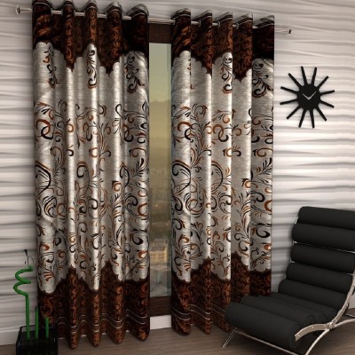 Home Sizzler 275 cm (9 ft) Polyester Semi Transparent Long Door Curtain (Pack Of 2)(Floral, Brown)
