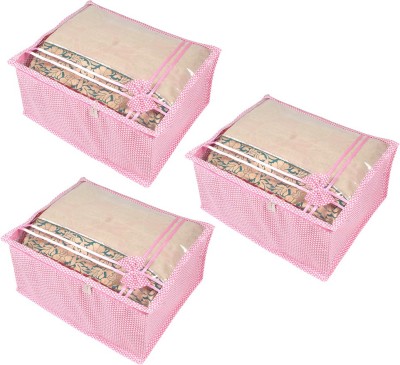 PrettyKrafts Saree Organizer Organizers for Clothes/Organizers for Wardrobe with Bow,(Set of 3), Pink F1614_Pink3(Pink)