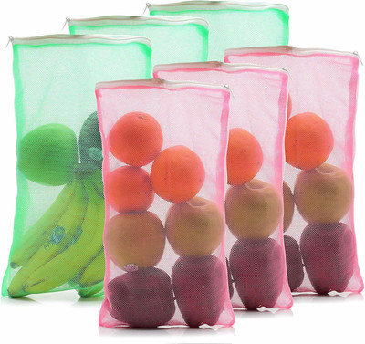 Lonekart Set of 6 Reusable Double Layer Mesh Fridge Bags for Storage of Fruits & Vegetables Pack of 6 Grocery Bags(Pink, Green)