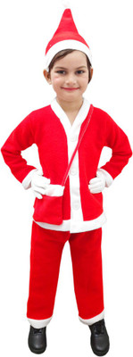 ITSMYCOSTUME Santa Claus Costume Dress Kids Christmas Costume-10 to 11 Years Complete Set of 4-Jacket,Pant,Hat,Pouch-Red & White Fancy dress Costume NO GLOVES Kids Costume Wear