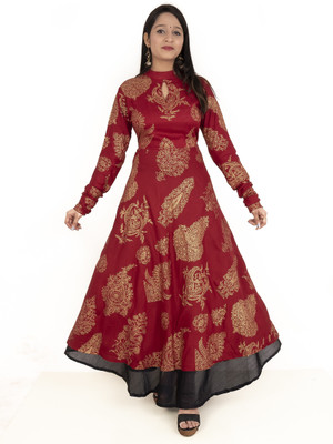 zuberiya Women Printed Anarkali Kurta(Gold, Maroon)
