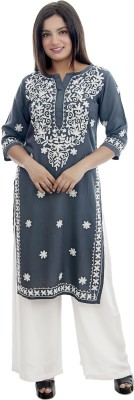 club fashion Women Printed Straight Kurta(Grey)