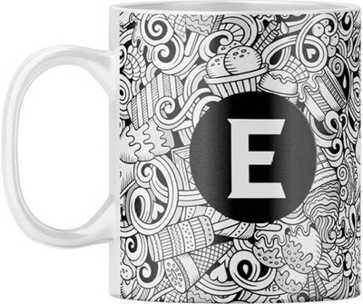 MM9E Alphabet E Letter Printed Ceramic Coffee ( D5-E ) 330 ml Ceramic Coffee Mug(330 ml)