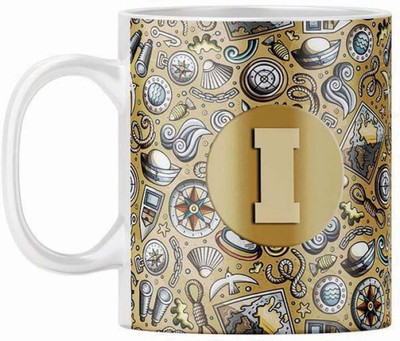 MM9E Alphabet I Letter Printed Ceramic Coffee ( D8-I ) 330 ml Ceramic Coffee Mug(330 ml)