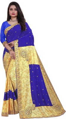 Saraswati Fab Digital Print, Embellished, Embroidered, Floral Print, Temple Border Bollywood Velvet, Lycra Blend Saree(Light Blue)